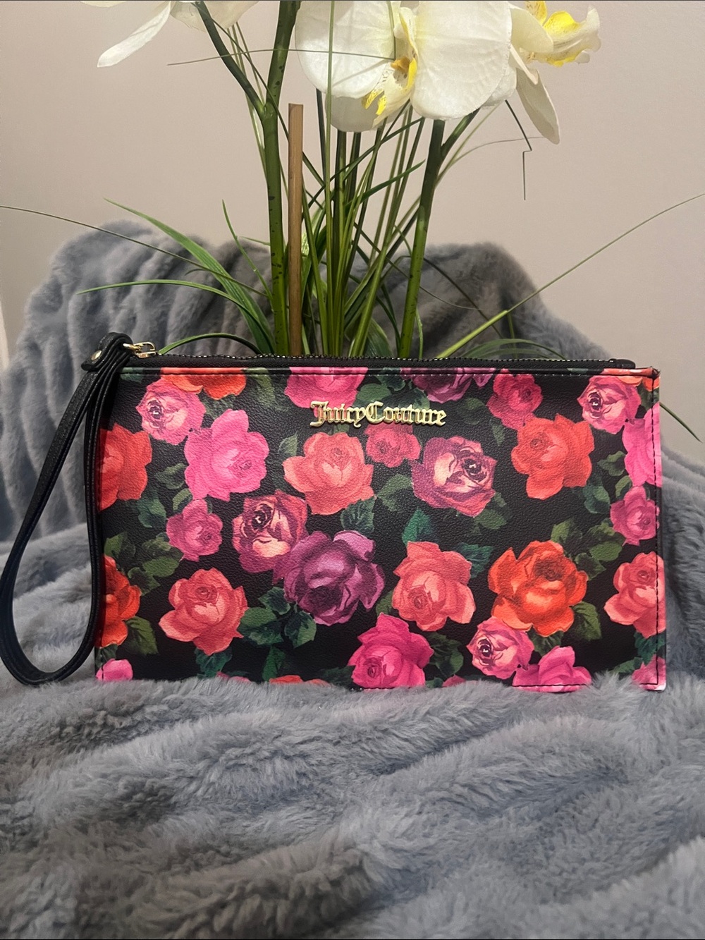 Juicy Couture Black Wristlet with Pink, Red & Purple Rose Print Retail $45 GUC